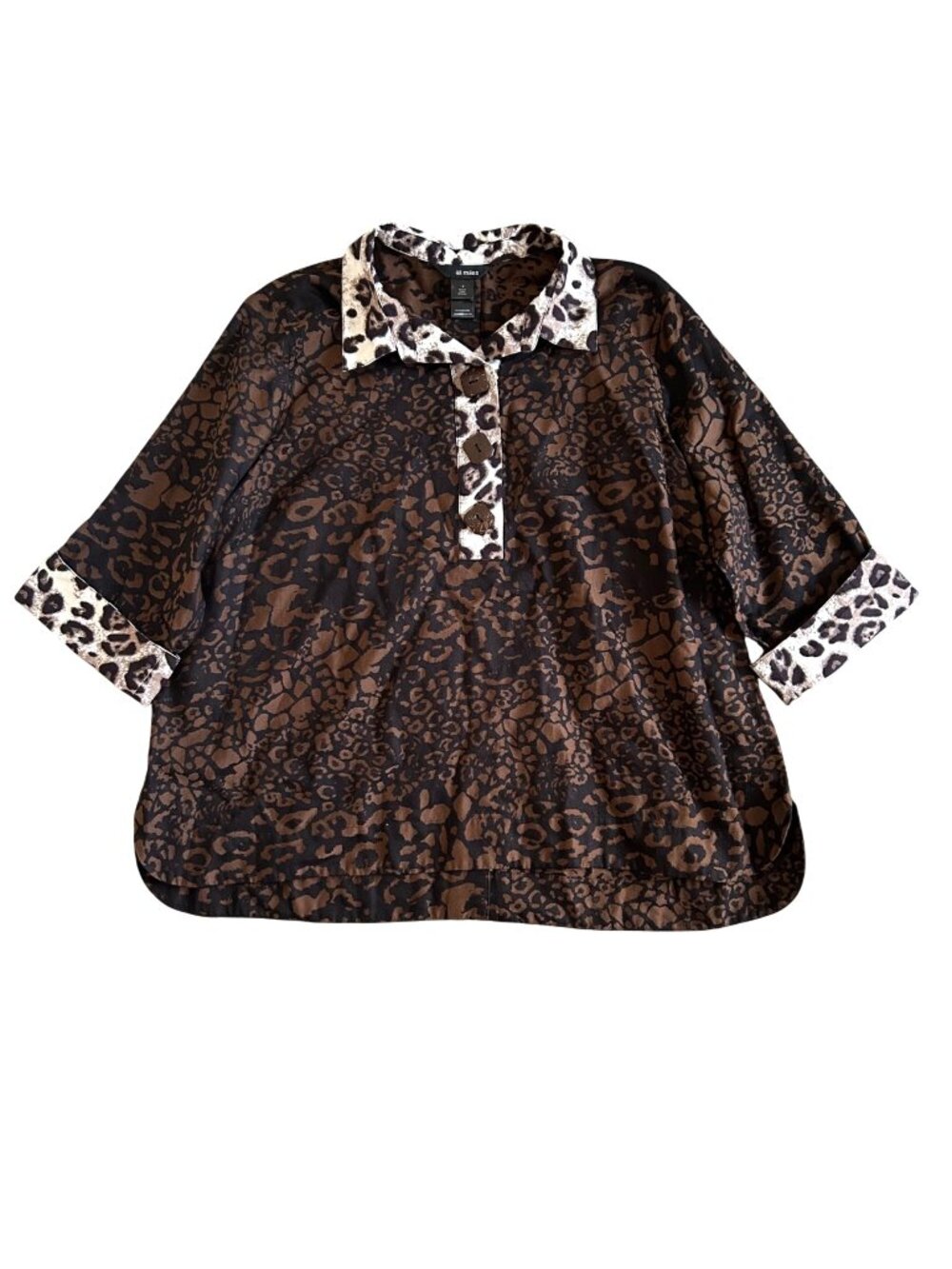 Ali Miles Women's Sz 1X Leopard Print Brown & Beige Button Front Tunic Top